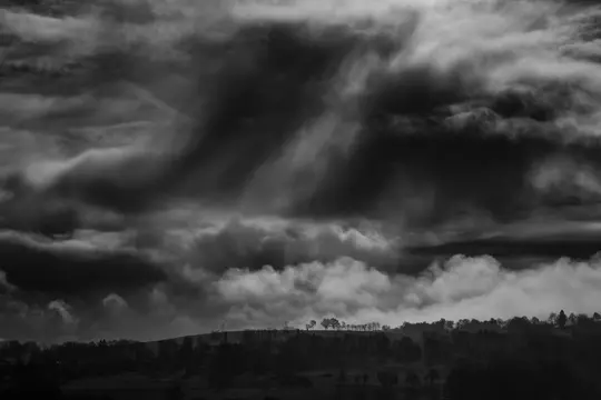 Et sort-hvidt landskabsfoto, der viser en mørk, skyet himmel med lysstråler, der bryder igennem, over en fjern trægrænse…