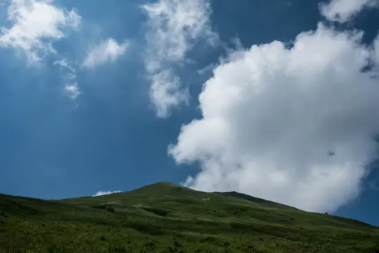 Et landskabsfoto i lav vinkel, der viser en frodig, grøn, opadskrånende bakke mod en klar blå himmel med spredte…