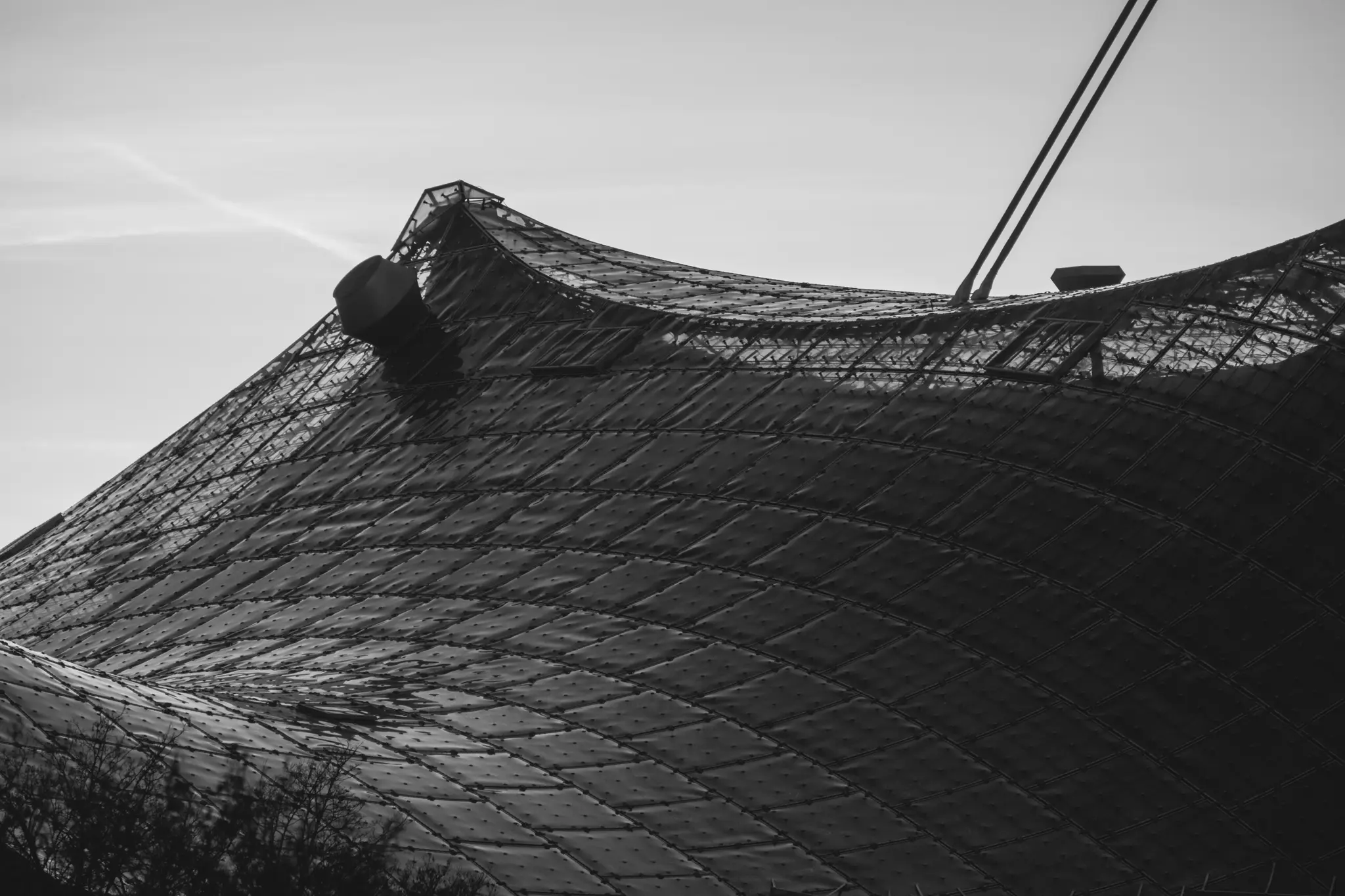 Eine schwarz-weiße Nahaufnahme eines großen, gekrümmten Daches mit einer texturierten, gitterartigen Oberfläche und tragenden