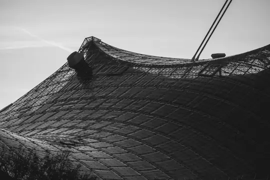 A black and white close-up of a large, curved roof with a textured, grid-like surface and supporting cables.