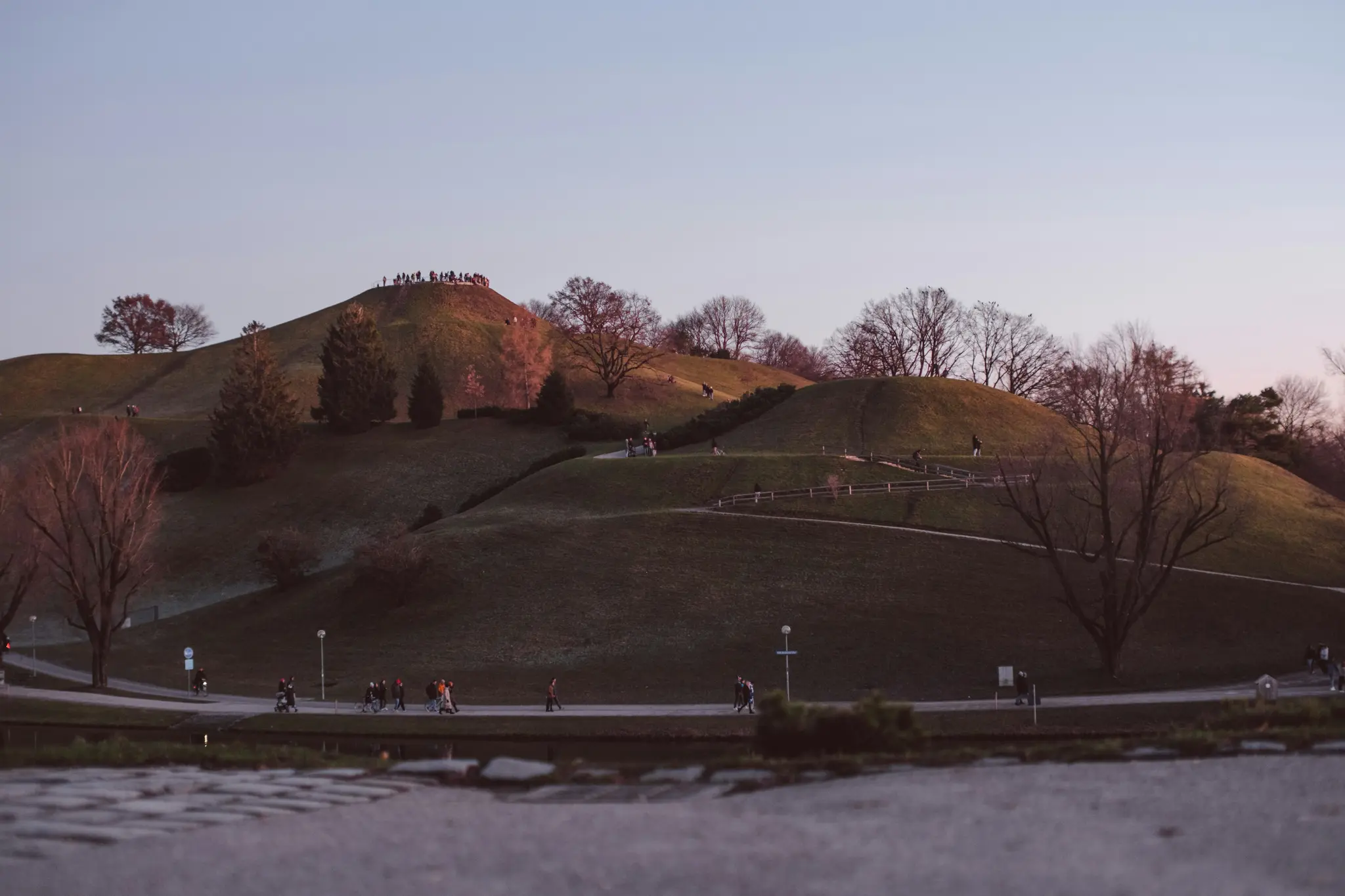 A wide landscape photo of a park with rolling green hills and bare trees under a soft, golden hour sky. Many small figures…