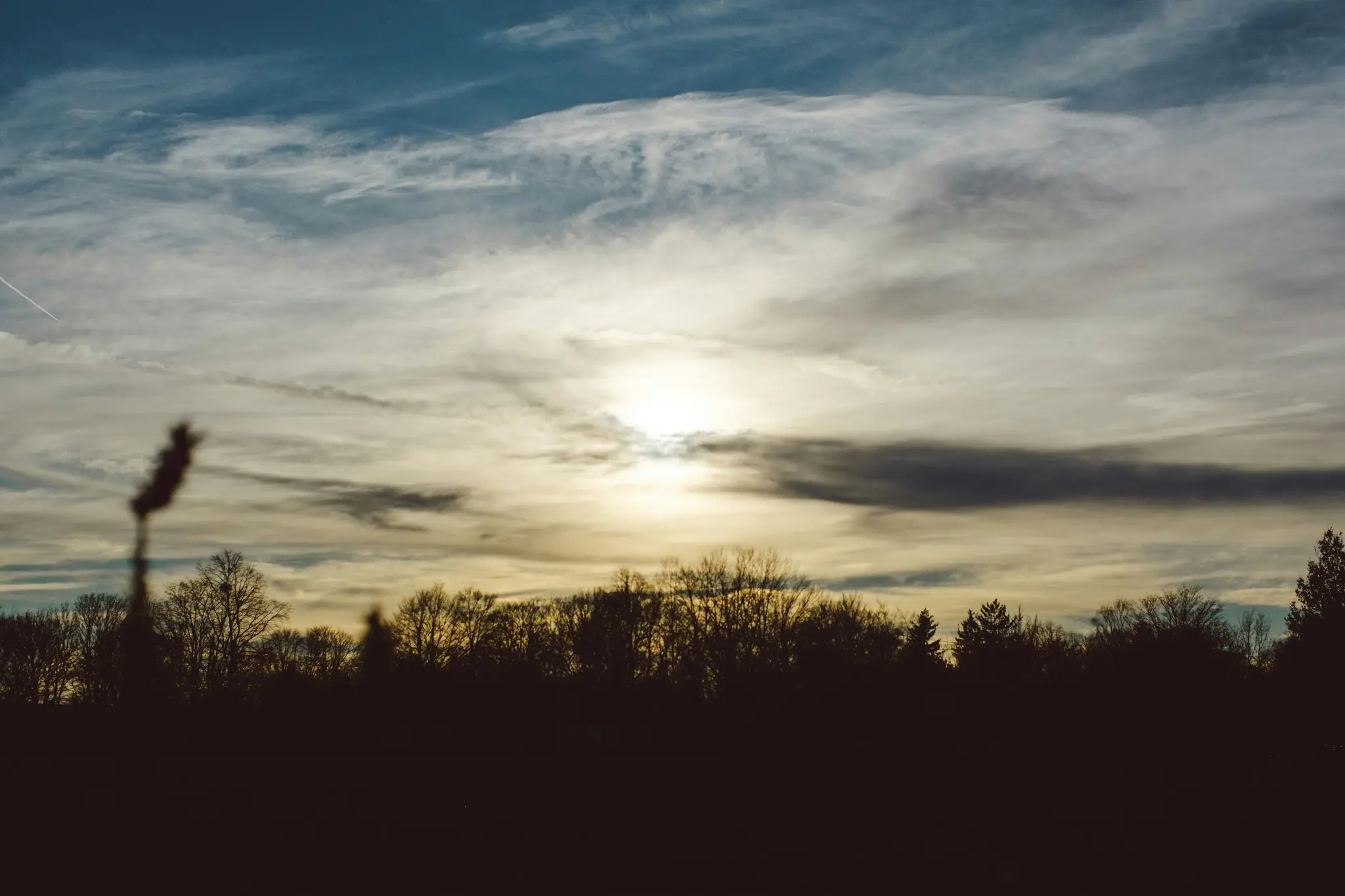 A wide landscape photo of a bright sun behind a silhouetted tree line, with a blue and cloudy sky.