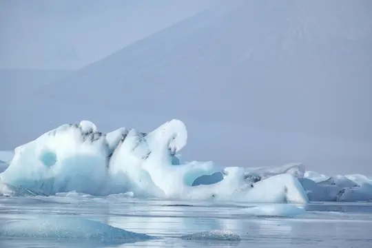 Et fredfyldt landskab af lyseblå og hvide isbjerge, der flyder i roligt vand, med tågede, snedækkede bjerge i baggrunden.