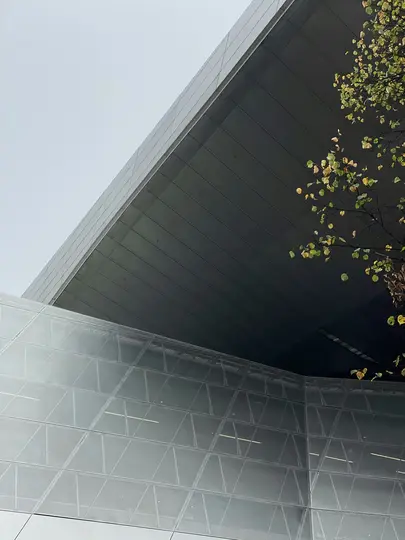 A low-angle view of a modern building featuring a dark, flat overhang and a curved, glass-paneled facade. A tree branch…