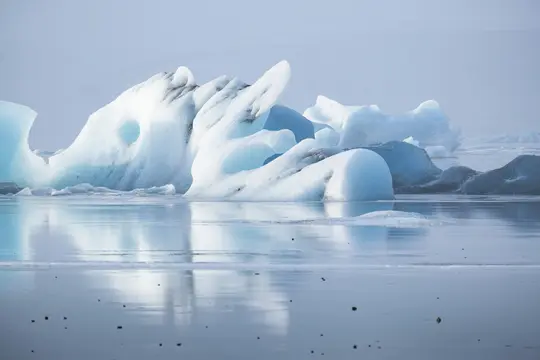 Et fredfyldt landskab af lyseblå og hvide isbjerge, der flyder i roligt, reflekterende vand under en blød, overskyet himmel.