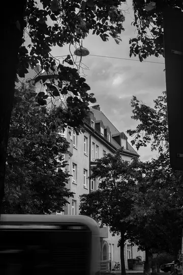A black and white photo of a street with a large building, trees, and a blurred bus in the foreground.