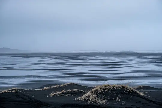 A wide landscape photo of dark, possibly black, sand flats with numerous shallow, reflective water pools under a grey…