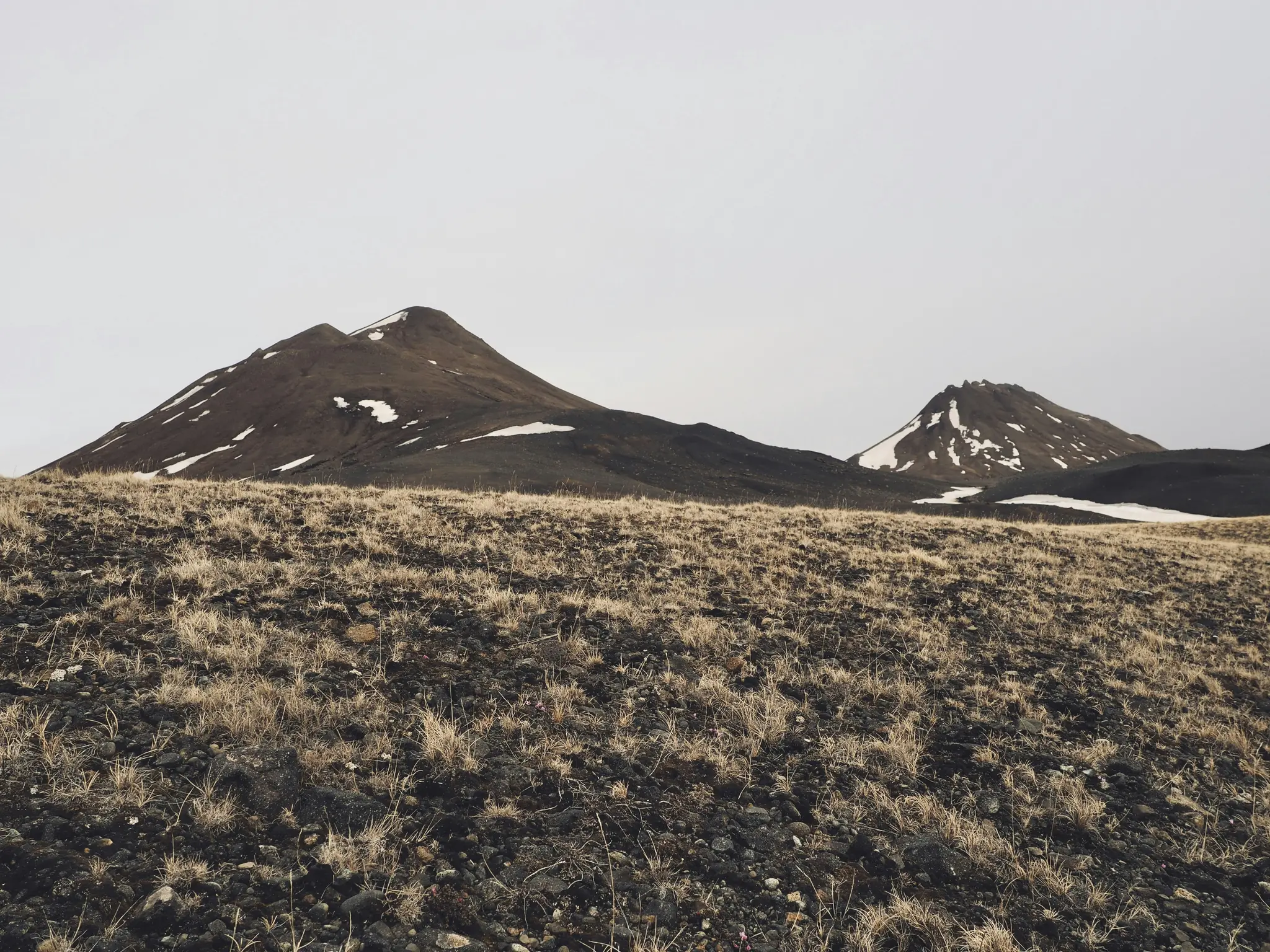 Ett brett landskapsfoto som visar en förgrund av torrt, glest brunt gräs och mörka klippor, som leder till två snötäckta