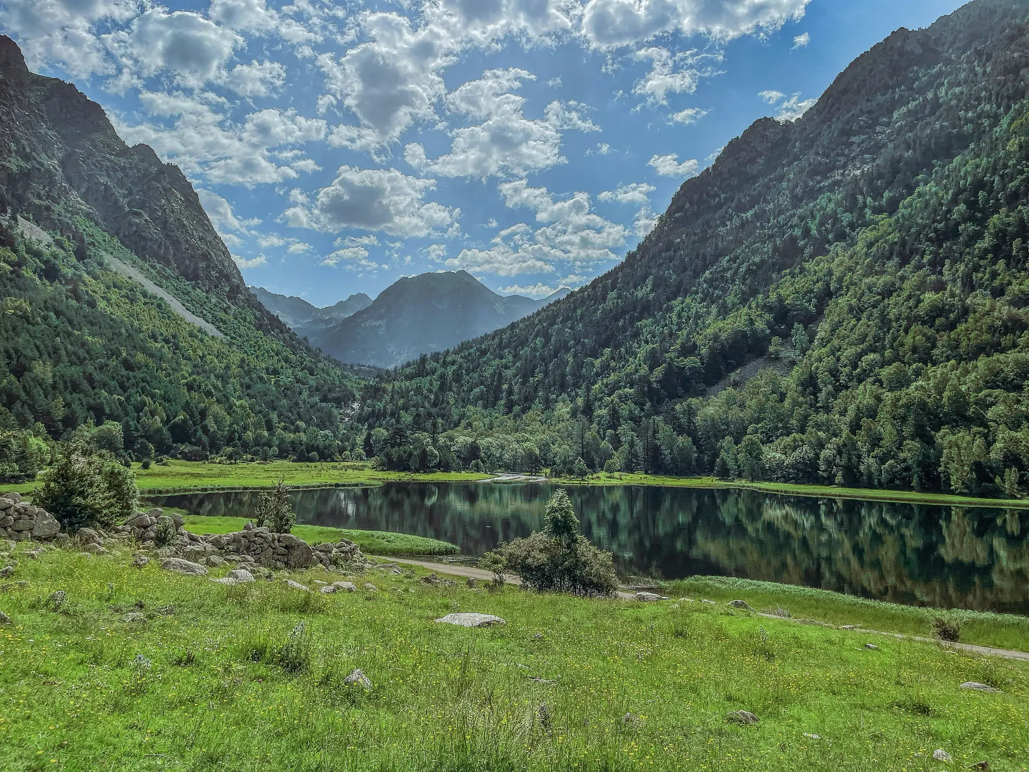 En vidsträckt vy av en lugn sjö som speglar gröna berg och en blå himmel med vita moln. Frodigt gräs och klippor är...