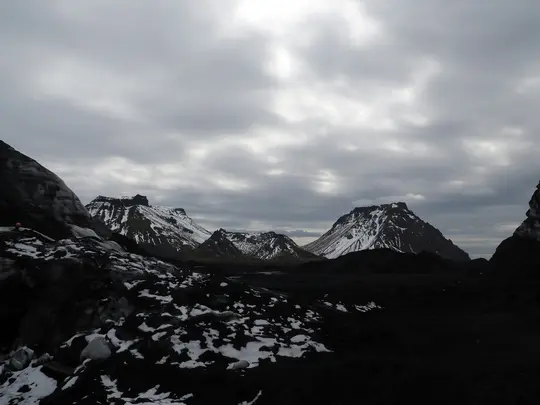 En vidvinkelbild av ett kargt, mörkt vulkaniskt landskap med flera snötäckta berg under en kraftigt molnig himmel. Landskapet
