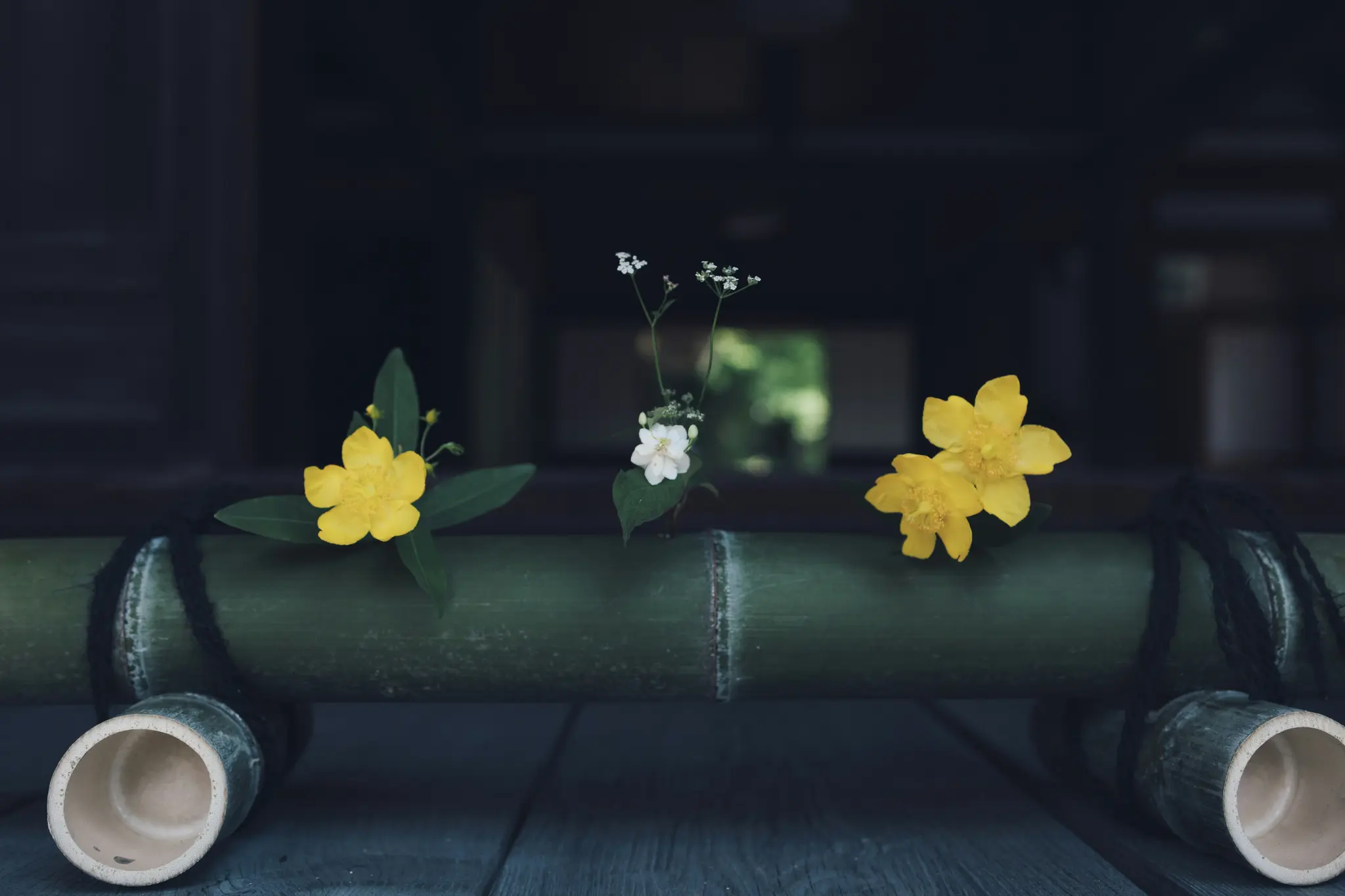 Tre små blomsterarrangementer, to med gule blomster og et med hvide, hviler på en vandret bambuspæl.