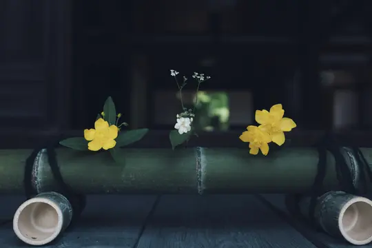 Tre små blomsterarrangemang, två med gula blommor och ett med vita, vilar på en horisontell bambupinne.