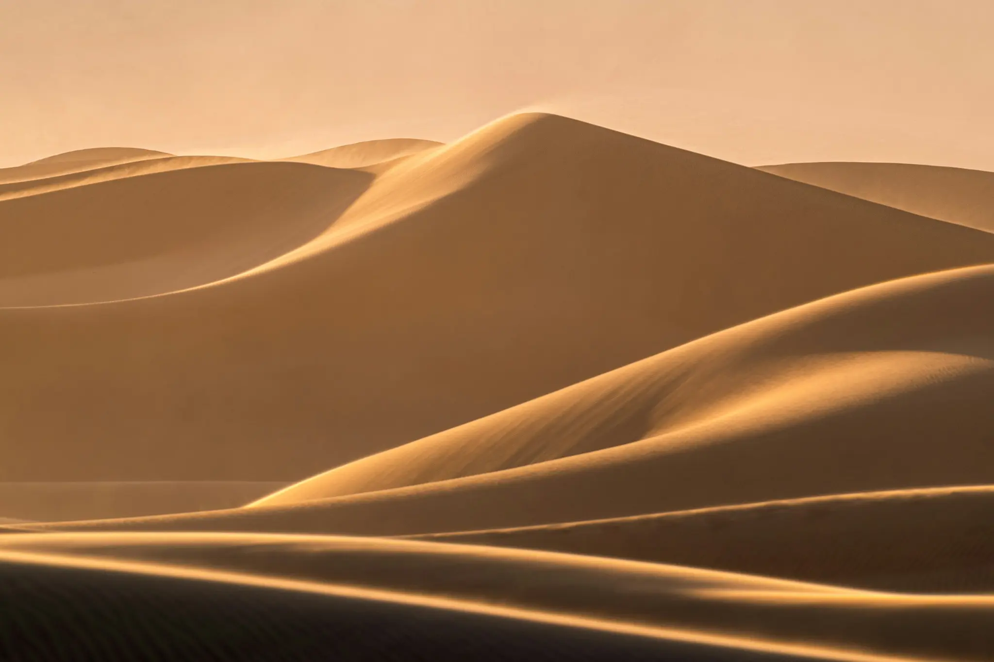 Een woestijnlandschap met verschillende grote zandduinen, verlicht door het warme, gouden licht van de ondergaande zon, wat