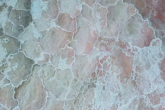 Une photographie aérienne montre un paysage texturé aux formes polygonales irrégulières dans des tons discrets de rose, de