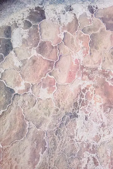Una fotografía aérea muestra un paisaje seco y agrietado con formas poligonales delineadas en blanco, en tonos de rosa