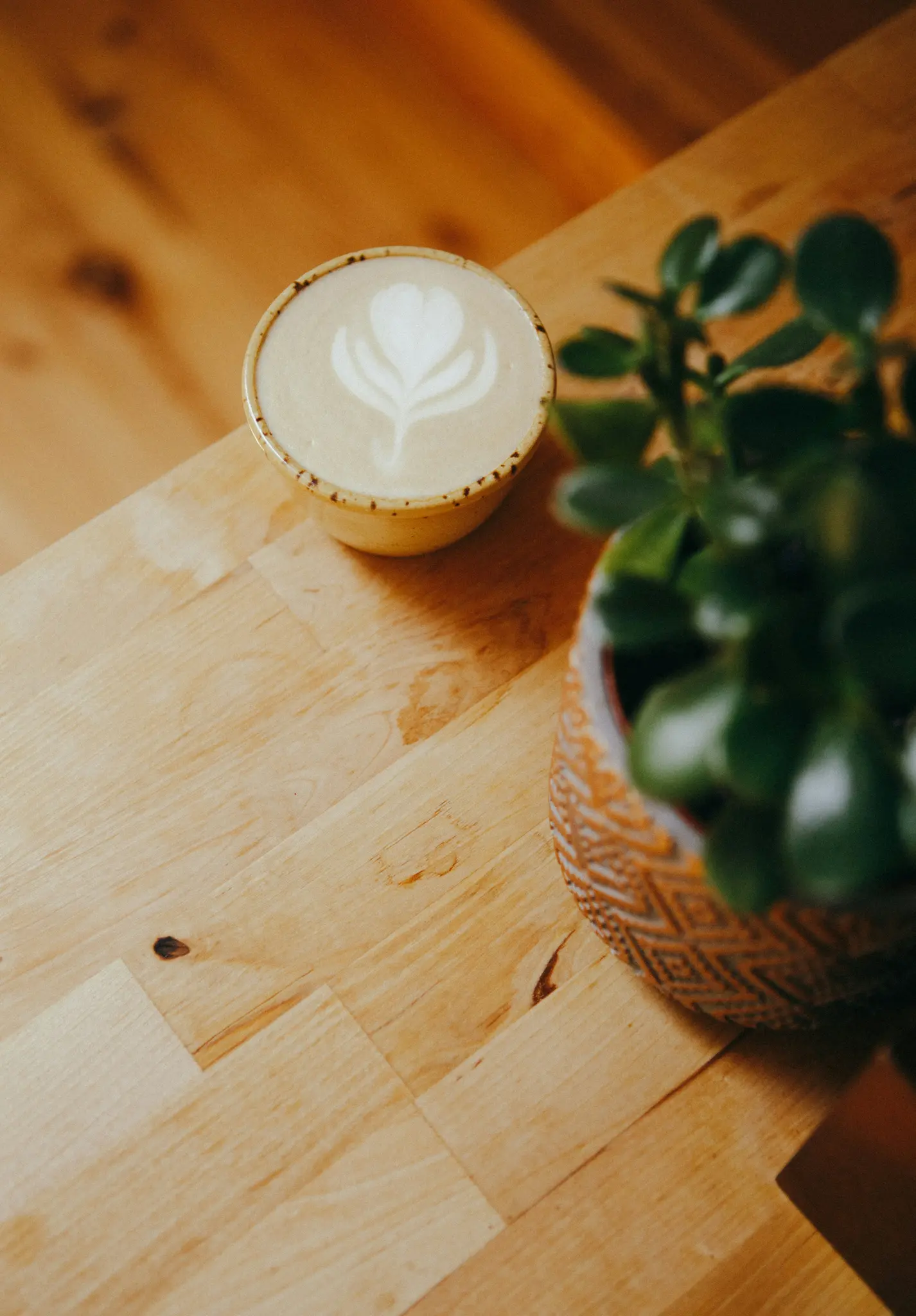 Een close-up van bovenaf toont een latte met een hartvormig latte art-ontwerp in een beige kopje naast een groene potplant