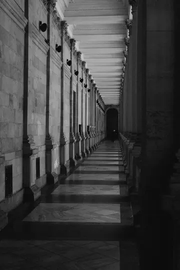 Una foto en blanco y negro de un pasillo largo y grandioso con numerosas columnas a ambos lados, que conduce a un arco