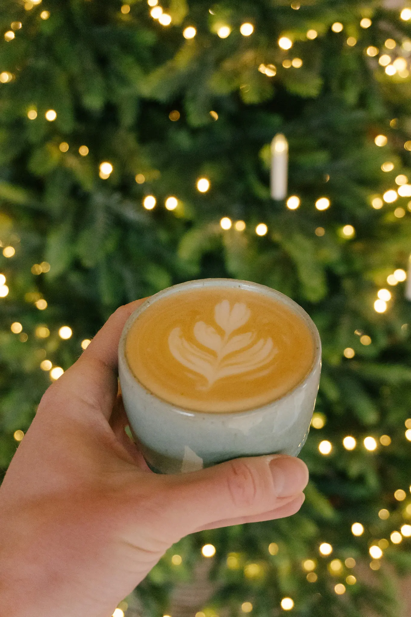 Ruka drží světle modrý keramický hrnek latte se srdcovým designem latte art. Rozmazaný vánoční stromek s teplým…