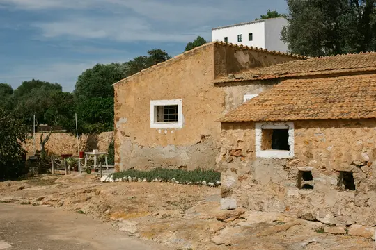 Una vista di due vecchi edifici texturizzati con tetti in terracotta e infissi bianchi, su uno sfondo di alberi verdi...