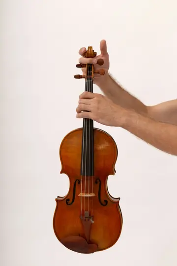 Una toma de primer plano muestra las manos de una persona sosteniendo un violín de madera marrón sobre un fondo blanco liso.