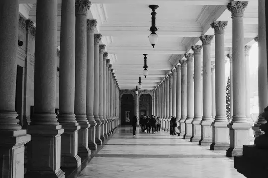 Une photo en noir et blanc d'un long couloir bordé de nombreuses colonnes classiques des deux côtés, s'enfonçant dans le