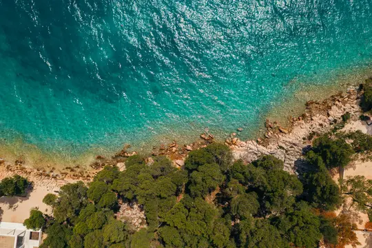 An aerial shot captures a vibrant turquoise sea meeting a rocky shore, bordered by lush green trees and some sandy patches.