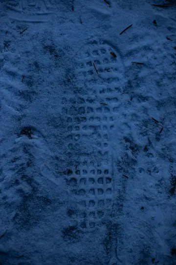A close-up, top-down view of a single, clear footprint with a grid pattern pressed into a thin layer of blue-tinted snow.