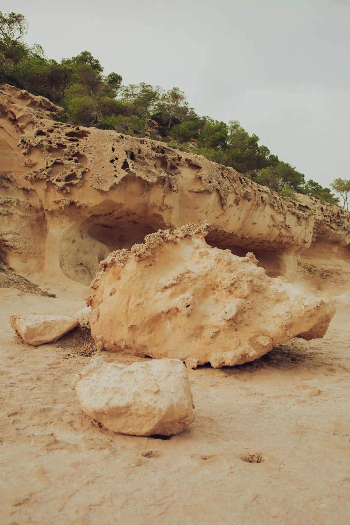Ein großer, hellbrauner, texturierter Felsen sitzt prominent im Vordergrund, mit zwei kleineren Felsen in der Nähe. Dahinter