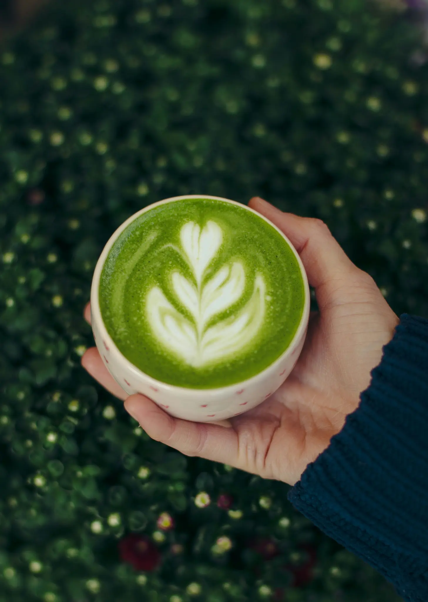 Una mano in una manica blu scuro tiene una tazza rosa chiaro a pois rossi, contenente un matcha latte verde vibrante con