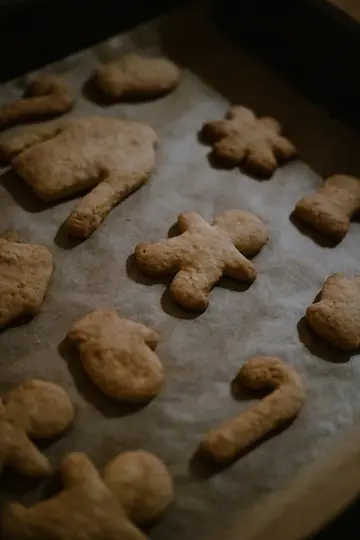A close-up, high-angle shot of various unbaked or lightly baked cookies, including a gingerbread man and candy cane shapes…