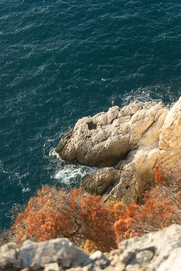 Vista aerea di una costa frastagliata. Il mare blu intenso con schiuma bianca lambisce le rocce marrone chiaro. Rossastro...