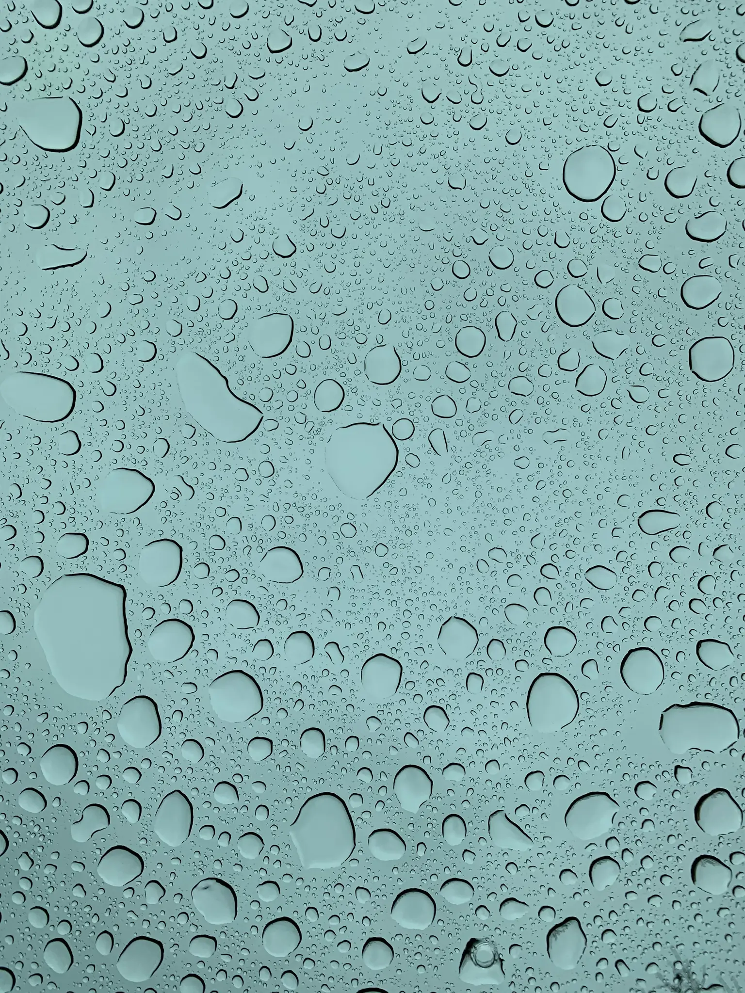Een close-up, abstract beeld van talrijke heldere waterdruppels van verschillende groottes die aan een lichtblauw-grijze