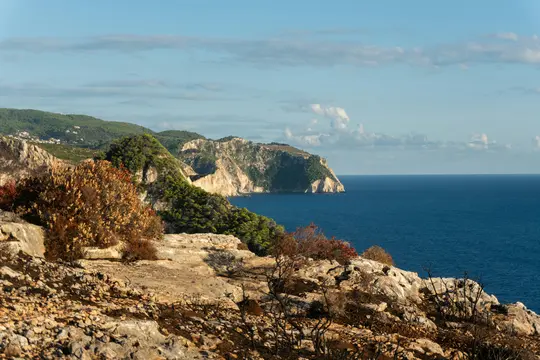 Μια ευρεία πανοραμική άποψη μιας άγριας ακτογραμμής με βραχώδεις βράχους καλυμμένους με πράσινη βλάστηση, που συναντούν μια