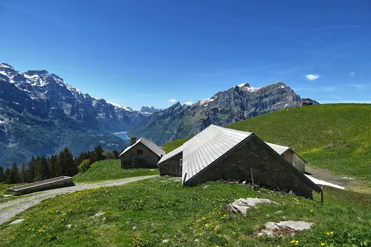 Two stone huts with metal roofs sit on a vibrant green hillside dotted with yellow flowers. In the background, a deep…