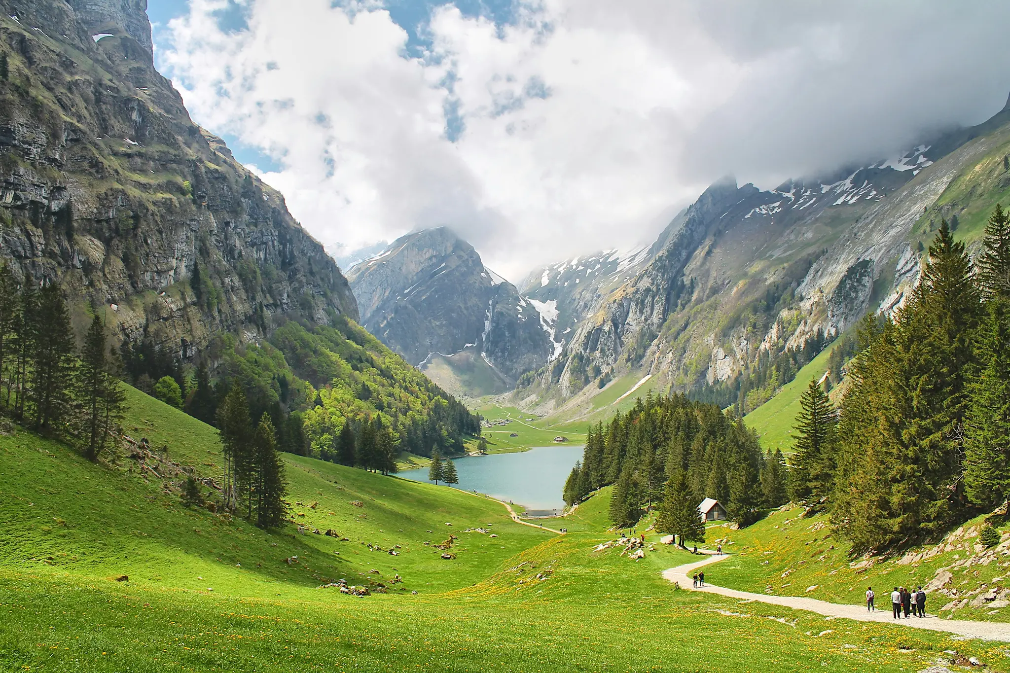 A wide landscape photo of a lush green valley with a calm blue lake, surrounded by towering mountains, some with snow.