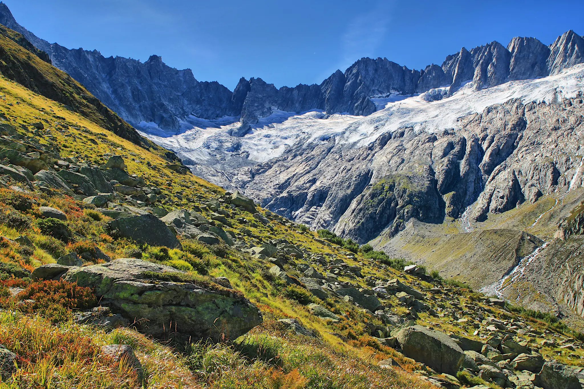 A wide landscape view of a mountain range featuring a large glacier between jagged peaks and a rocky, grassy slope in the…