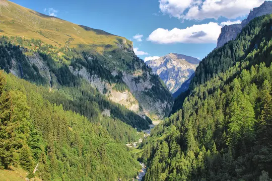 A wide landscape view of a deep mountain valley. A river snakes through the valley floor, flanked by steep slopes covered…