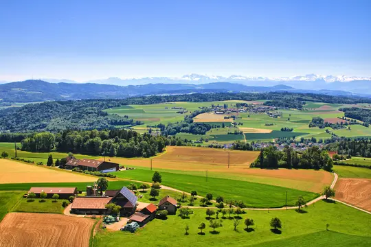 An aerial shot of a vast rural landscape featuring green and brown fields, farmhouses, forests, and distant snow-capped…
