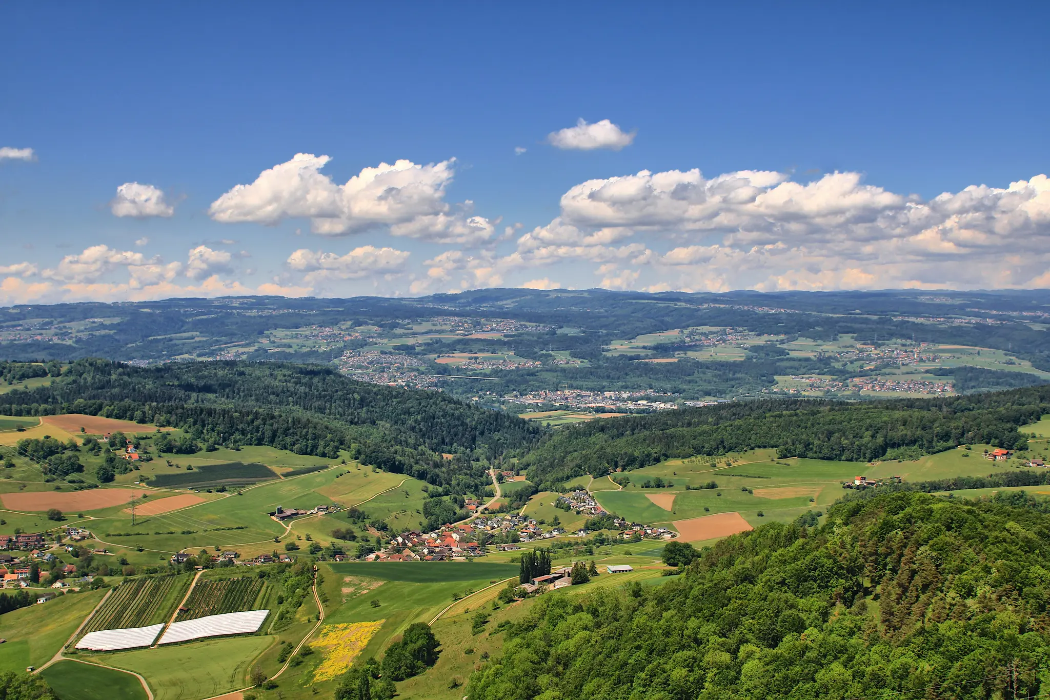 A wide panoramic shot of a lush green landscape featuring rolling hills, dense forests, agricultural fields, and small…