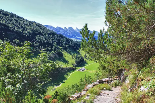 Et landskabsfoto i høj vinkel viser en frodig dal med en gårdbygning, omgivet af tætte skove og takkede bjerge.