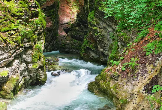 A vibrant river with turquoise water and white rapids flows through a narrow gorge. The steep rock walls are covered in…