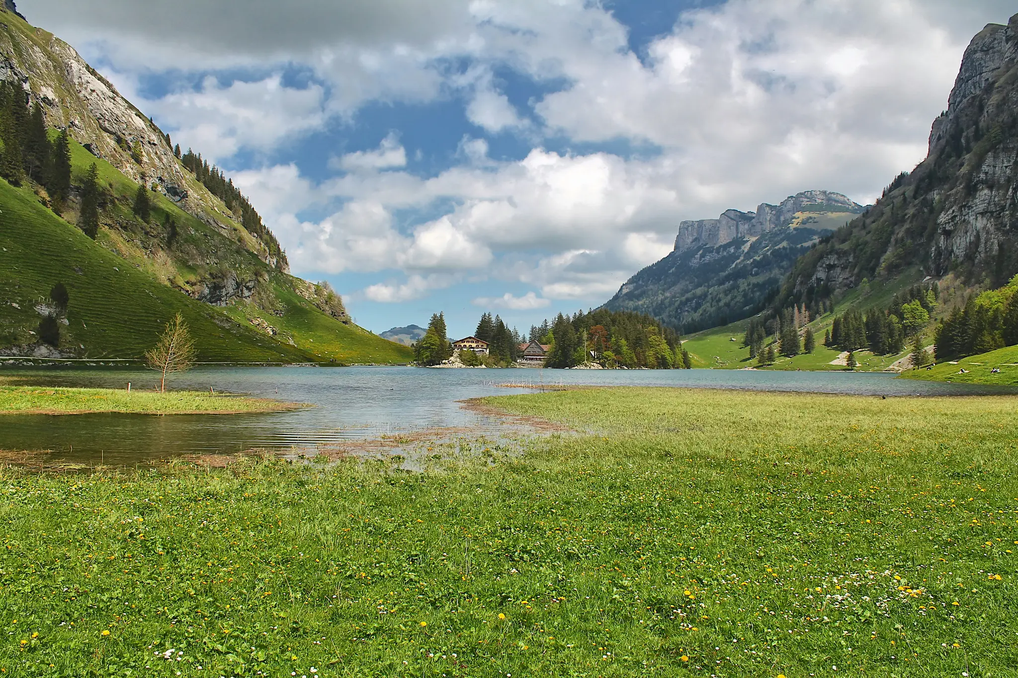 A wide shot of a tranquil mountain lake with lush green slopes on either side and a small village nestled by the far shore.