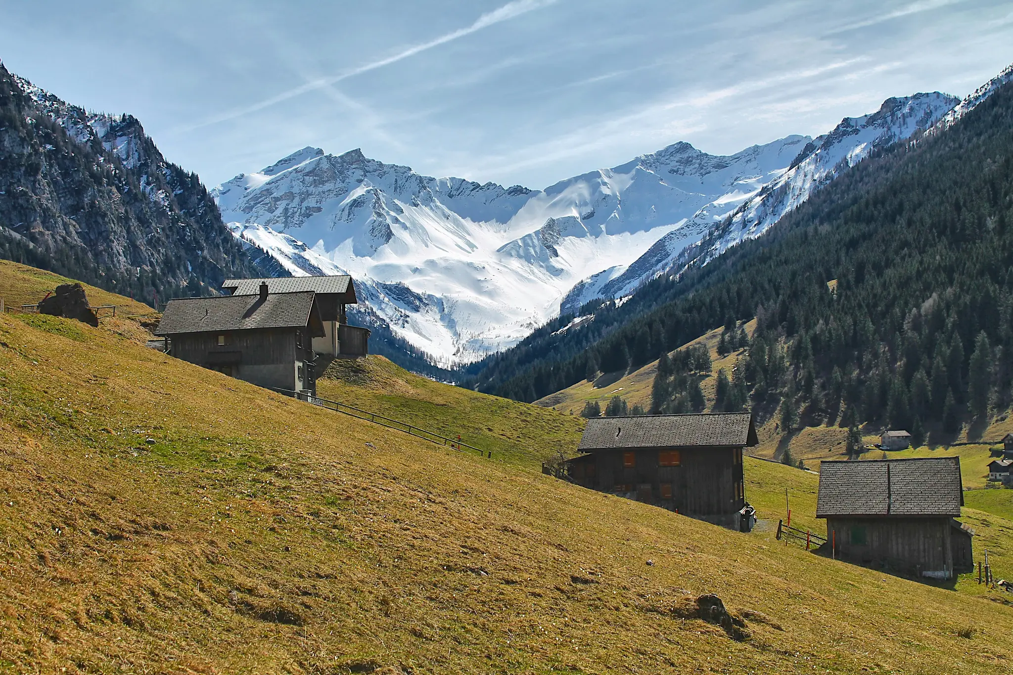 A wide landscape view of a mountain valley. Grassy slopes with patches of brown grass lead up to dark wooden houses. Pine…