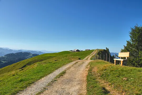 En grusvej snor sig op ad en frodig, grøn bakke mod en lille gruppe landbrugsbygninger. En træbænk står ved siden af et