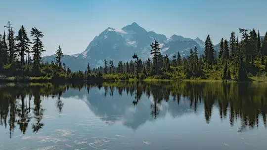 Un lac de montagne clair reflète parfaitement un grand pic enneigé et les arbres de conifères vert foncé qui bordent son
