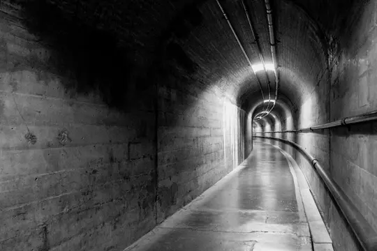 A black and white photo of a long, curving concrete tunnel. Overhead lights illuminate the path, and pipes run along the…