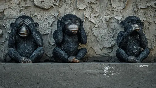 Tre mørkegrå abestatuer sidder på en betonafats mod en tekstureret grå væg, der forestiller 'ser intet ondt, hører intet