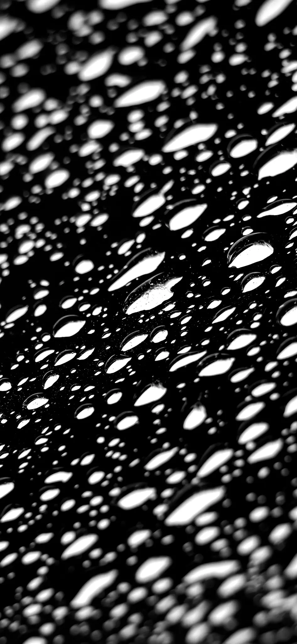 Detailný záber, čiernobiela fotografia početných kvapiek vody na tmavom, reflexnom povrchu, vytvárajúcich abstraktný vzor.