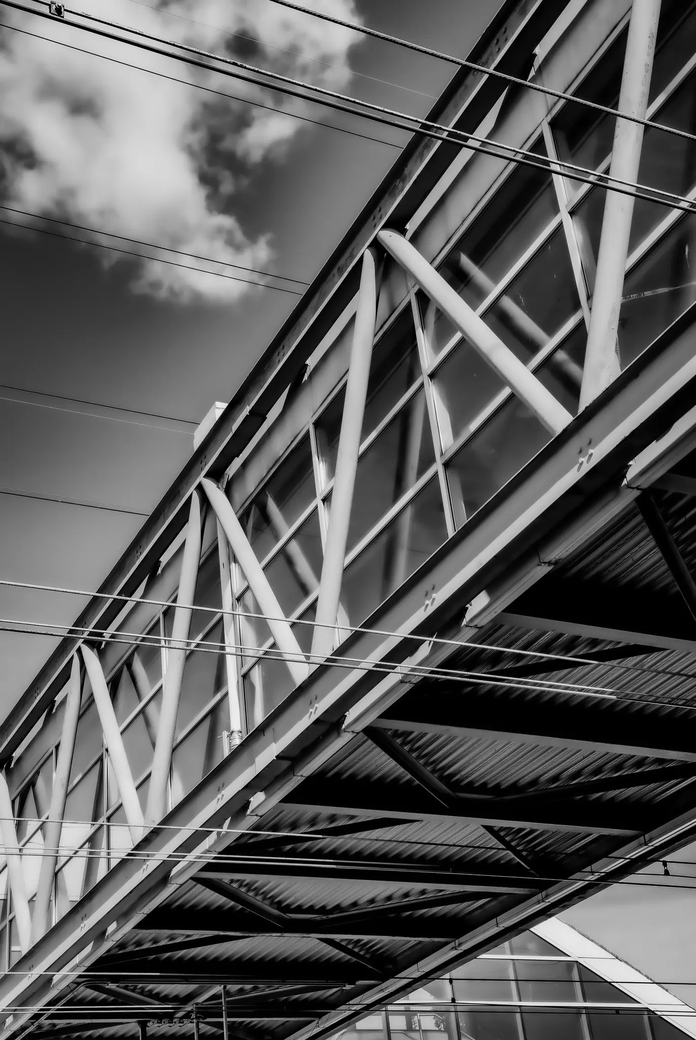 Une photo en noir et blanc en contre-plongée d'une passerelle piétonne surélevée avec une structure en verre et en métal sur