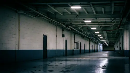 A long, empty industrial hallway stretches into the distance, illuminated by rows of fluorescent lights on the ceiling. The…